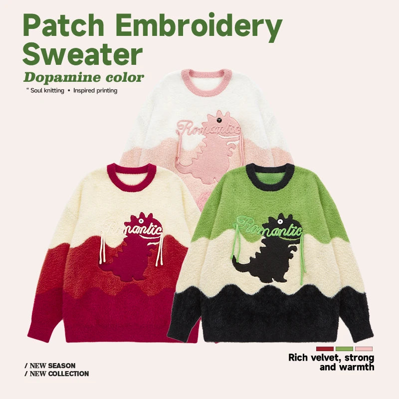Cute Cartoon Embroidery Colorblock Sweater