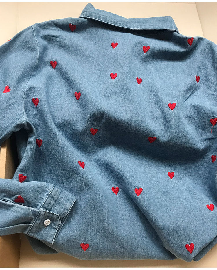 ANNE Heart Embroidery Denim Shirt
