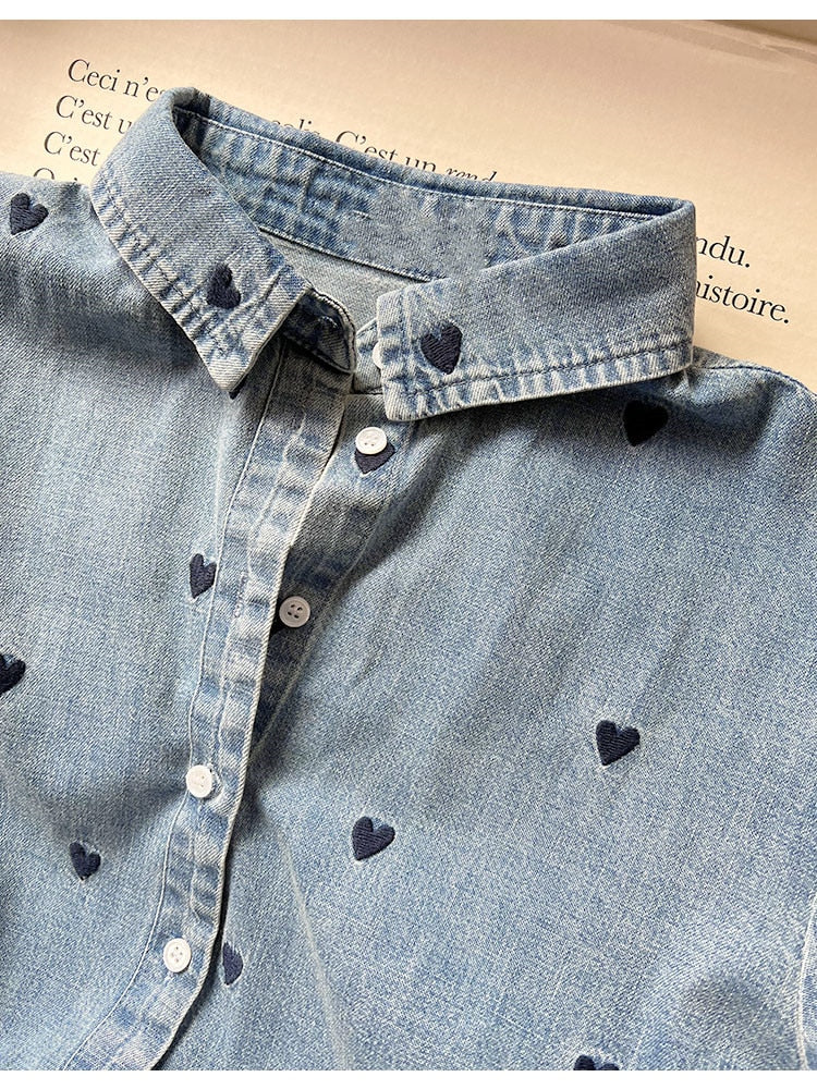 ANNE Heart Embroidery Denim Shirt