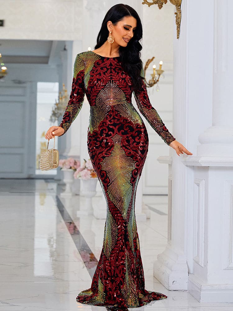 ROXANNE Color Block Sequin Fishtail Maxi Dress - Veloristore